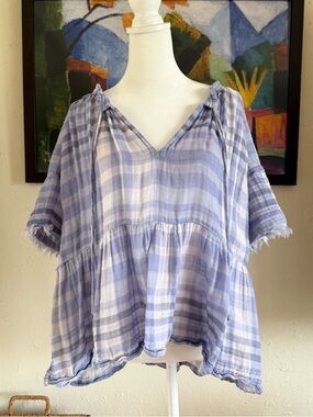 Anthropologie | Periwinkle Gingham V neck Blouse